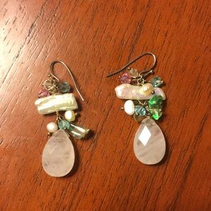 Real Pearl and Gem Stone Drop Earrings